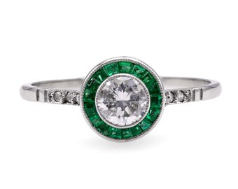 Art Deco Inspired Diamond Emerald Platinum Engagement Ring