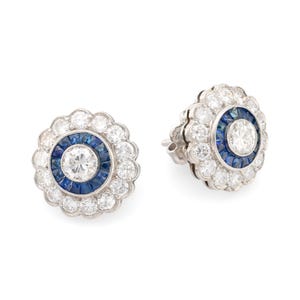 Art Deco Style Diamond Sapphire Platinum Cluster Earrings