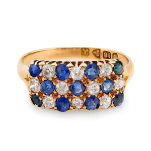 Victorian Sapphire Diamond 18k Yellow Gold Checkerboard Ring