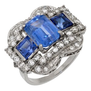 Anillo de cóctel Art Déco Gia de platino con diamantes y zafiro de Ceilán de 5,50 quilates sin tratamiento térmico