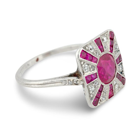 Art Deco Ruby Diamond Platinum Ring - image 3