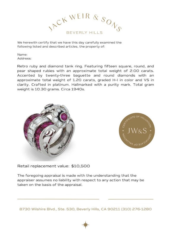 Retro Ruby Diamond Platinum Tank Ring - image 7