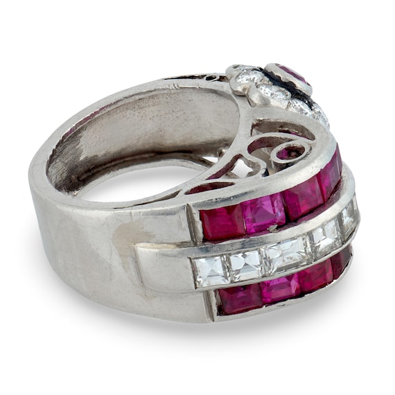 Retro Ruby Diamond Platinum Tank Ring - image 5