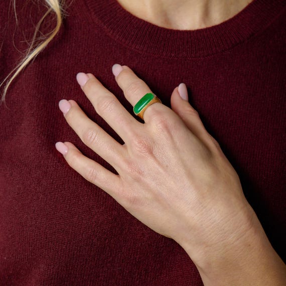 Vintage Jade Diamond 18k Yellow Gold Side Bar Ring - image 2