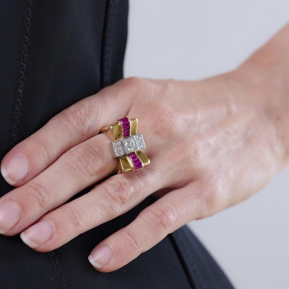 Retro Diamond Ruby 18k Yellow Gold Tank Ring - image 4