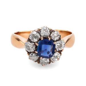 Antique Sapphire Diamond 18k Rose Gold Cluster Ring