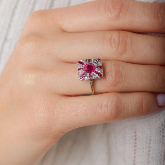 Art Deco Ruby Diamond Platinum Ring - image 7