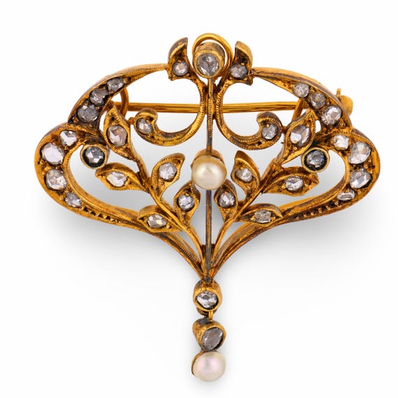 Victorian Pearl Diamond 18k Yellow Gold Brooch - image 1