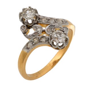 French Belle Epoque Diamond 18k Yellow Gold and Platinum Toi Et Moi Ring