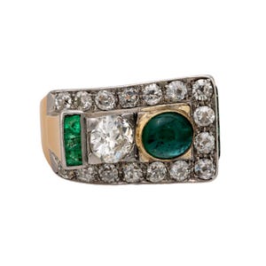 Retro Emerald Diamond 18k Yellow Gold Tank Ring