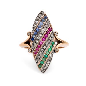 Victorian Diamond Ruby Emerald Sapphire 18k Yellow Gold Silver Navette Ring