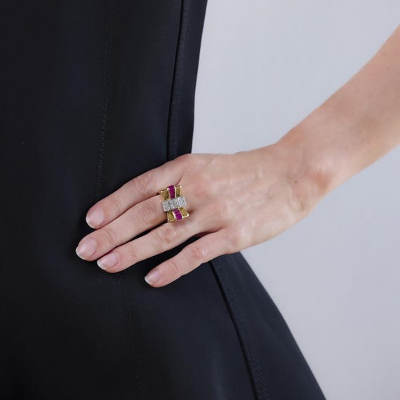 Retro Diamond Ruby 18k Yellow Gold Tank Ring - image 2