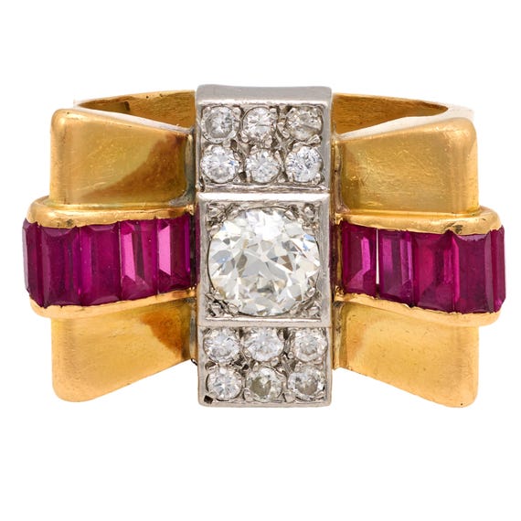 Retro Diamond Ruby 18k Yellow Gold Tank Ring - image 1