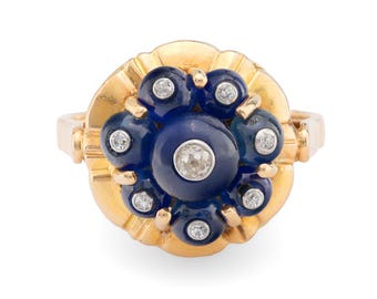 Rare Cartier French Sapphire Diamond 18k Yellow Gold Ring