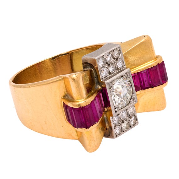 Retro Diamond Ruby 18k Yellow Gold Tank Ring - image 3