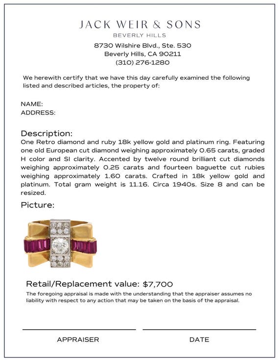 Retro Diamond Ruby 18k Yellow Gold Tank Ring - image 5