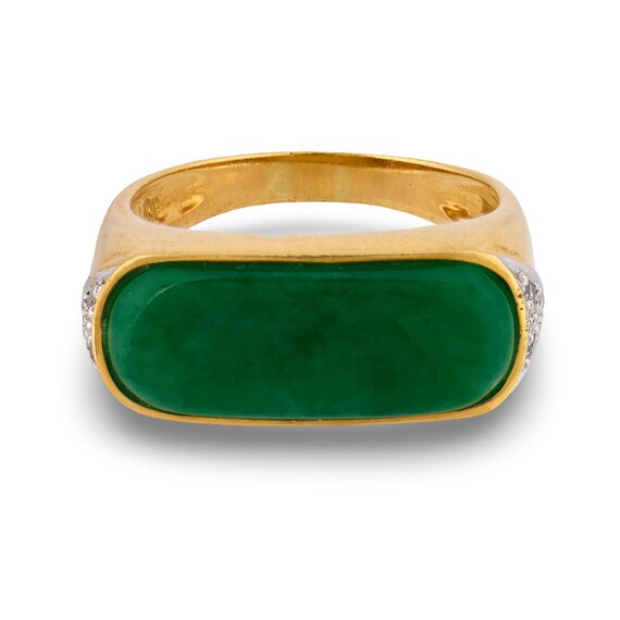 Vintage Jade Diamond 18k Yellow Gold Side Bar Ring - image 3