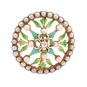 Art Nouveau Pearl Diamond 14k Yellow Gold Enamel Brooch