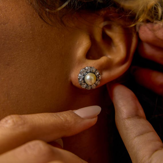 Victorian Pearl Diamond 18k Yellow Gold Cluster E… - image 2