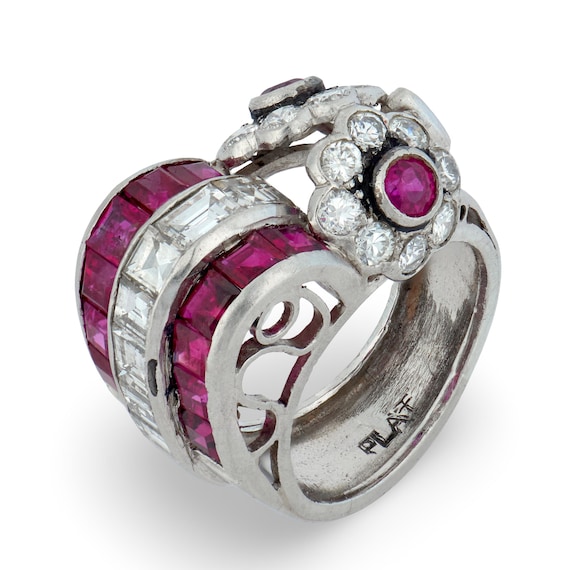 Retro Ruby Diamond Platinum Tank Ring - image 1