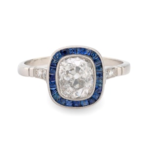 Art Deco Style Diamond Sapphire Platinum Halo Ring