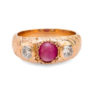 Victorian Burma No Heat Ruby Diamond 18k Rose Gold Three Stone Ring