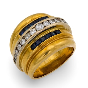 Anel de tanque de ouro amarelo 18k com safira e diamante retrô francês
