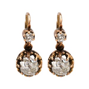Antique Style Old Mine Diamond 18k Yellow Gold Drop Earrings