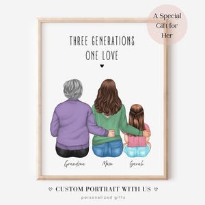 Puede incluir: Una impresión enmarcada con una ilustración de tres generaciones: Abuela, Mamá y Sarah, con el texto "THREE GENERATIONS ONE LOVE". La obra de arte incluye el texto "A Special Gift for Her" y "CUSTOM PORTRAIT WITH US."