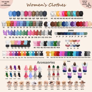 May include: A digital catalog of customizable clothing and accessories for illustrations, featuring rows of shirts, jeans, tops, hats, and hair accessories labeled with codes like DJ1, H1, and HAT1, with text headers Women's Clothes and Accessories.