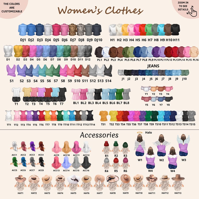 May include: A digital catalog of customizable clothing and accessories for illustrations, featuring rows of shirts, jeans, tops, hats, and hair accessories labeled with codes like DJ1, H1, and HAT1, with text headers Women's Clothes and Accessories.