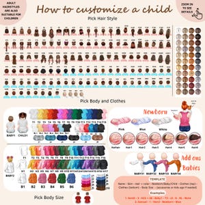 May include: A digital customization chart for personalized illustrations featuring various hairstyles, clothing options, body sizes, and newborn swaddles. The layout includes labeled selections for hair, tops, bottoms, and babies with a template guide.