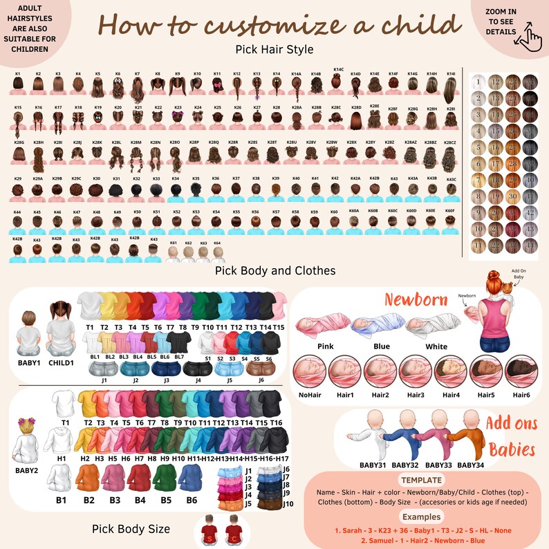 May include: A digital customization chart for personalized illustrations featuring various hairstyles, clothing options, body sizes, and newborn swaddles. The layout includes labeled selections for hair, tops, bottoms, and babies with a template guide.