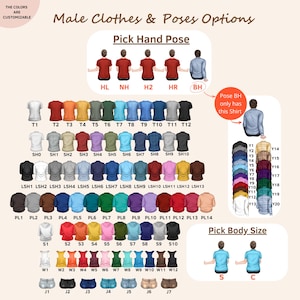May include: A digital customization chart displaying various clothing options, hand poses, and body sizes for illustrated figures. The chart includes rows of t-shirts, button-down shirts, long-sleeve shirts, pullovers, hoodies, and tank tops in multiple colors.