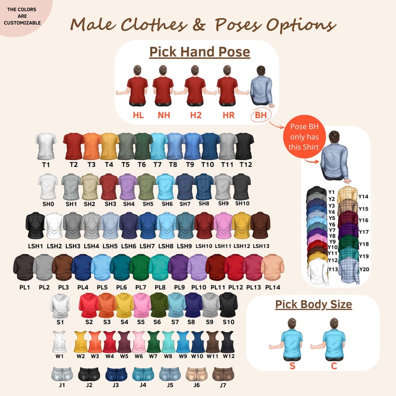 May include: A digital customization chart displaying various clothing options, hand poses, and body sizes for illustrated figures. The chart includes rows of t-shirts, button-down shirts, long-sleeve shirts, pullovers, hoodies, and tank tops in multiple colors.