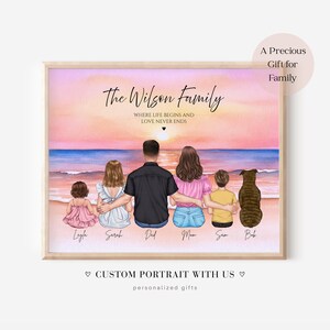 May include: A framed family portrait depicting a family of five and a dog on a beach at sunset. The text "The Wilson Family" is at the top, with the words "Where life begins and love never ends" below. The bottom of the frame reads "Custom portrait with us".