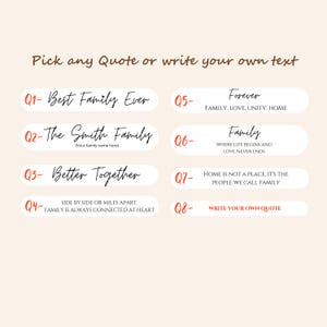 May include: A list of eight customizable quote options for home decor, featuring text in black and red on a light beige background. The options include phrases like Best Family Ever, The Smith Family, Better Together, and others for personalization.