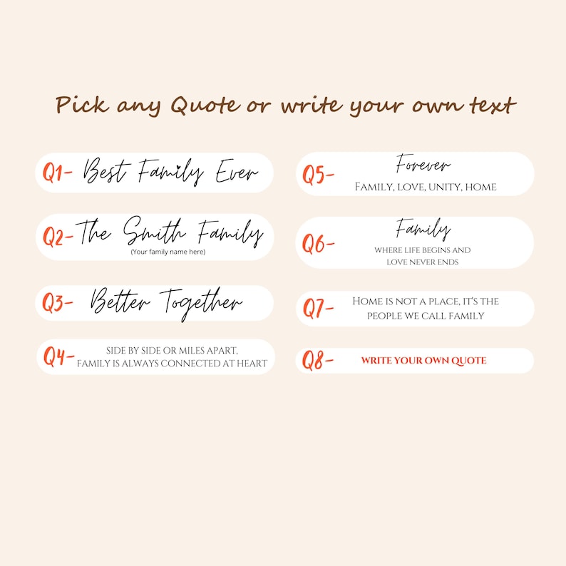 May include: A list of eight customizable quote options for home decor, featuring text in black and red on a light beige background. The options include phrases like Best Family Ever, The Smith Family, Better Together, and others for personalization.
