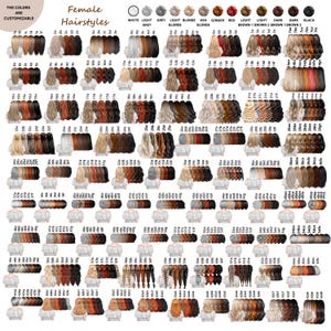May include: A comprehensive chart displaying numerous female hairstyle options, each labeled with a unique alphanumeric code. The image includes a color palette at the top, showcasing various hair shades from white to black for customization purposes.