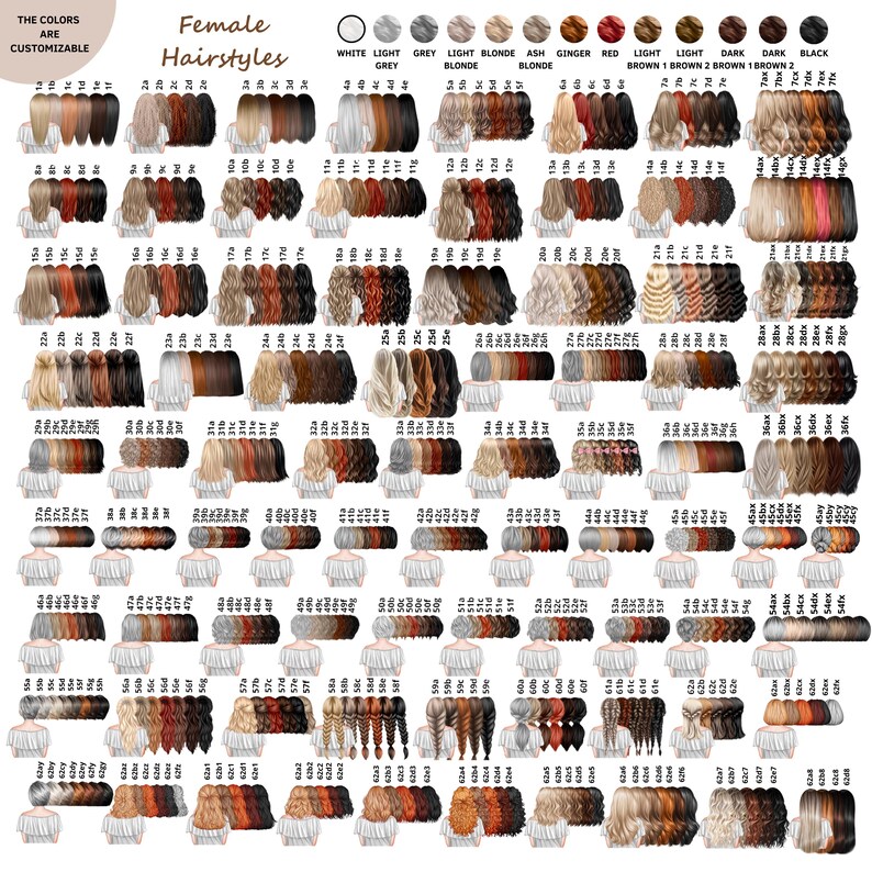 May include: A comprehensive chart displaying numerous female hairstyle options, each labeled with a unique alphanumeric code. The image includes a color palette at the top, showcasing various hair shades from white to black for customization purposes.