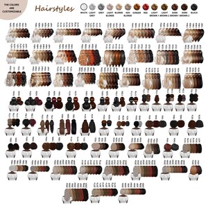 May include: A comprehensive hairstyle reference chart featuring numerous illustrations of back-view hair styles in various colors and textures, labeled with alphanumeric codes. A color palette at the top displays options including white, blonde, brown, red, and black.