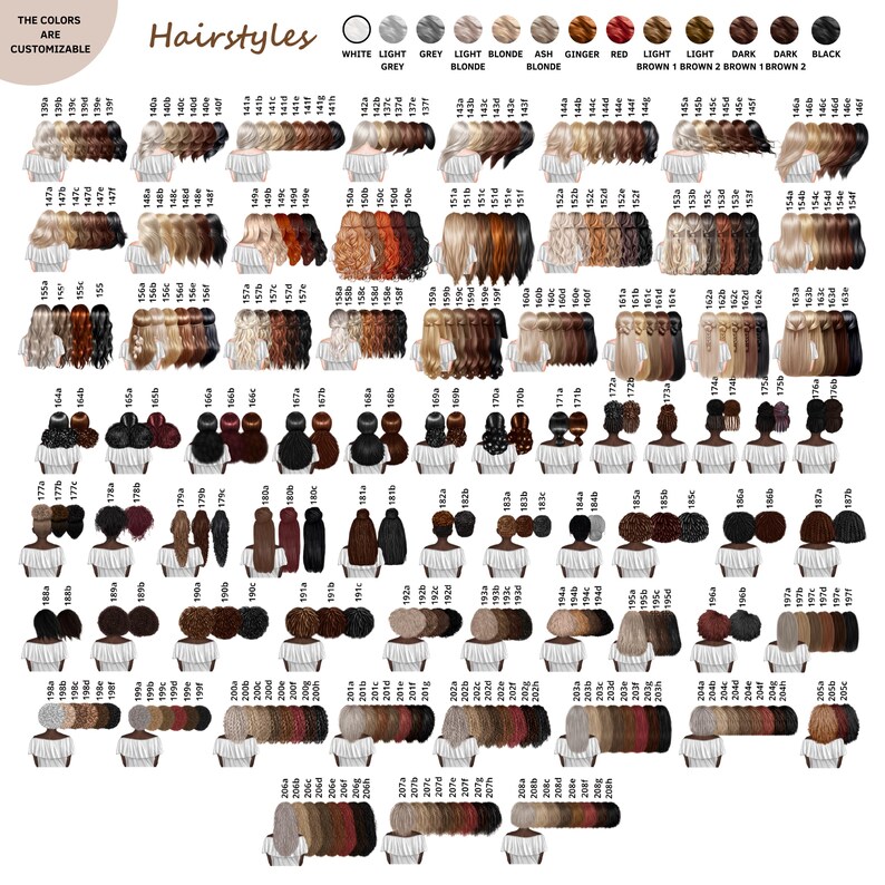 May include: A comprehensive hairstyle reference chart featuring numerous illustrations of back-view hair styles in various colors and textures, labeled with alphanumeric codes. A color palette at the top displays options including white, blonde, brown, red, and black.