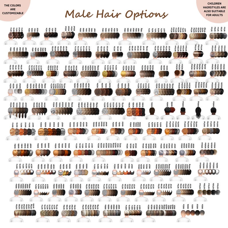 May include: A chart titled Male Hair Options displaying numerous rows of illustrated hairstyles in various colors and textures, each labeled with a unique alphanumeric code. The chart includes text notes about customizable colors and suitability for adults.