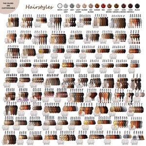 May include: A comprehensive hairstyle customization chart featuring numerous illustrations of back-view hair styles in various colors, textures, and lengths, labeled with alphanumeric codes. The chart includes a color palette guide at the top.