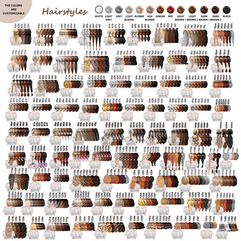 May include: A comprehensive hairstyle customization chart featuring numerous illustrations of back-view hair styles in various colors, textures, and lengths, labeled with alphanumeric codes. The chart includes a color palette guide at the top.