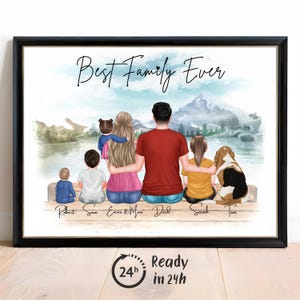 May include: A framed digital illustration titled Best Family Ever featuring a group of people and a dog sitting on a wooden dock facing a lake and mountains. The figures are labeled Robert, Sam, Emma, Max, Dad, Sarah, and Tom. A 24h icon is below.