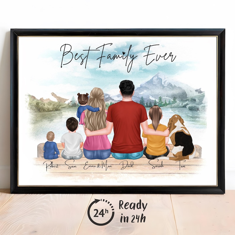 May include: A framed digital illustration titled Best Family Ever featuring a group of people and a dog sitting on a wooden dock facing a lake and mountains. The figures are labeled Robert, Sam, Emma, Max, Dad, Sarah, and Tom. A 24h icon is below.