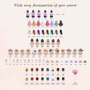 May include: A digital customization chart titled Pick any Accessories if you want, featuring rows of illustrated character accessories including wings, halos, headscarves, beanies, hats, hair bows, and baseball caps in various colors and styles.