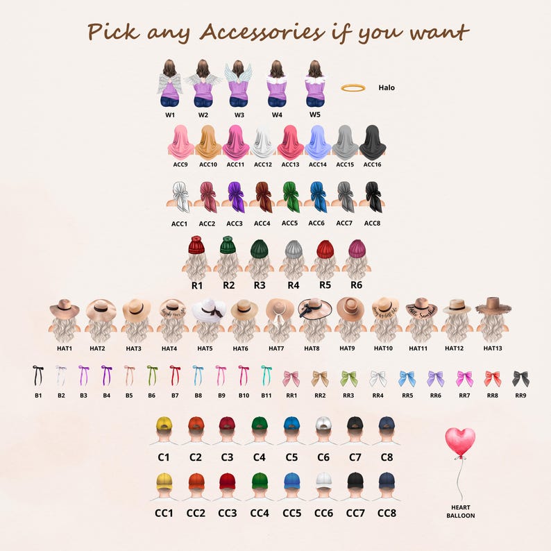 May include: A digital customization chart titled Pick any Accessories if you want, featuring rows of illustrated character accessories including wings, halos, headscarves, beanies, hats, hair bows, and baseball caps in various colors and styles.