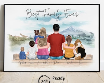 May include: A framed print titled Best Family Ever featuring a watercolor illustration of a family of six and a dog sitting on a wooden dock facing a lake and mountains. The names Robert, Sam, Emma & Mom, Dad, Sarah, and Tom are written below.